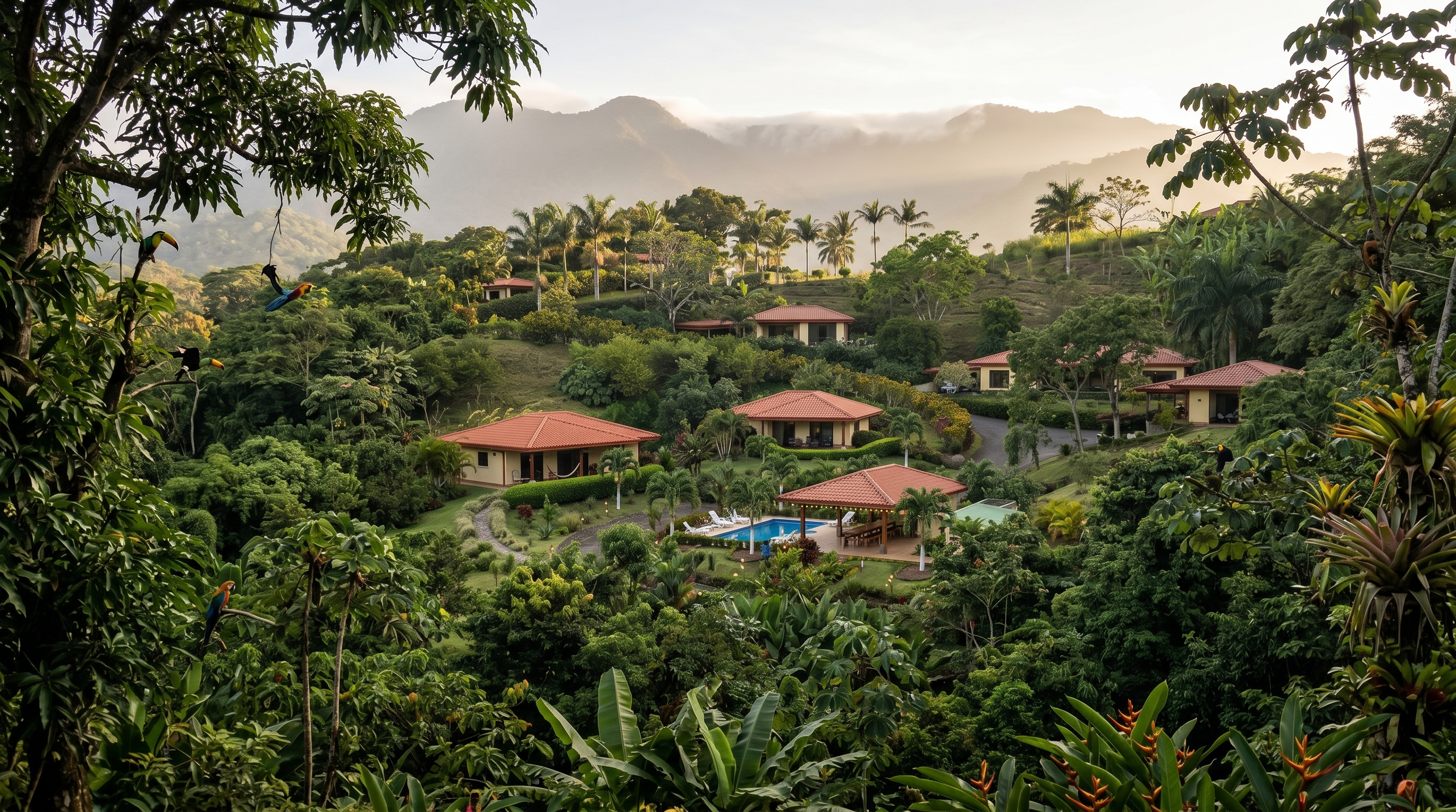 Architectural rendering of the Nido community — seven individual casitas on a lush Costa Rica hillside